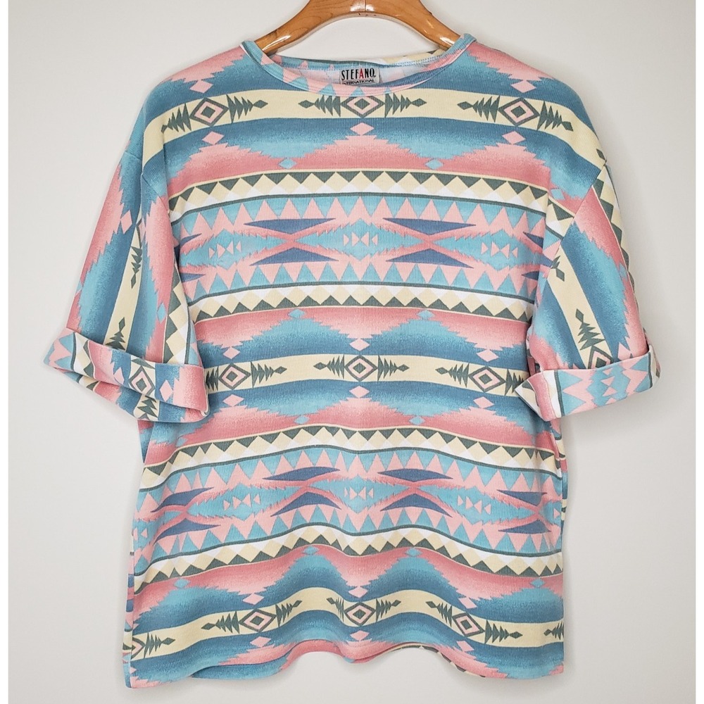 Vtg 90s Stefano Southwestern Aztec Print Top Short Sleeve Pastel Boxy‎ Desert L